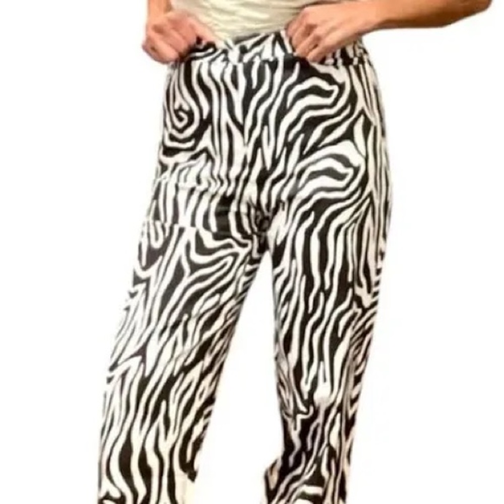 Wayf Brown White Zebra Print High Rise Pants Jeans Straight Leg XS 27 x 30 NEW